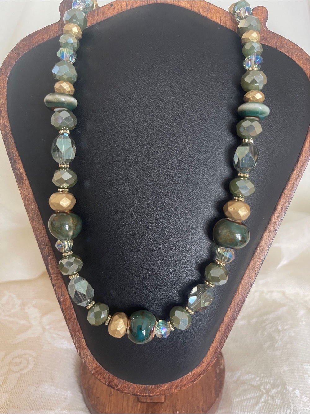 Multi-Tone Green Beaded Necklace with Gold Accents